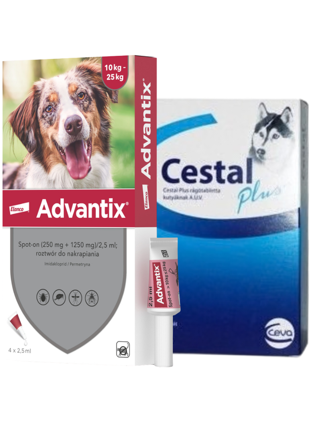 Advantix - dla psów 10-25kg (4 pipety x 2,5ml)+ Cestal Dog Plus tabletki na odrobaczanie psów 2 sztuki