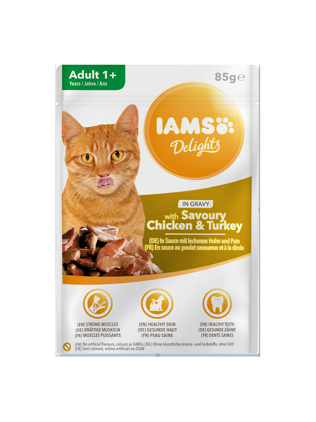 IAMS-Naturally karma dla dorosłych kotów, z aromatycznym kurczakiem i indykiem w sosie 85g