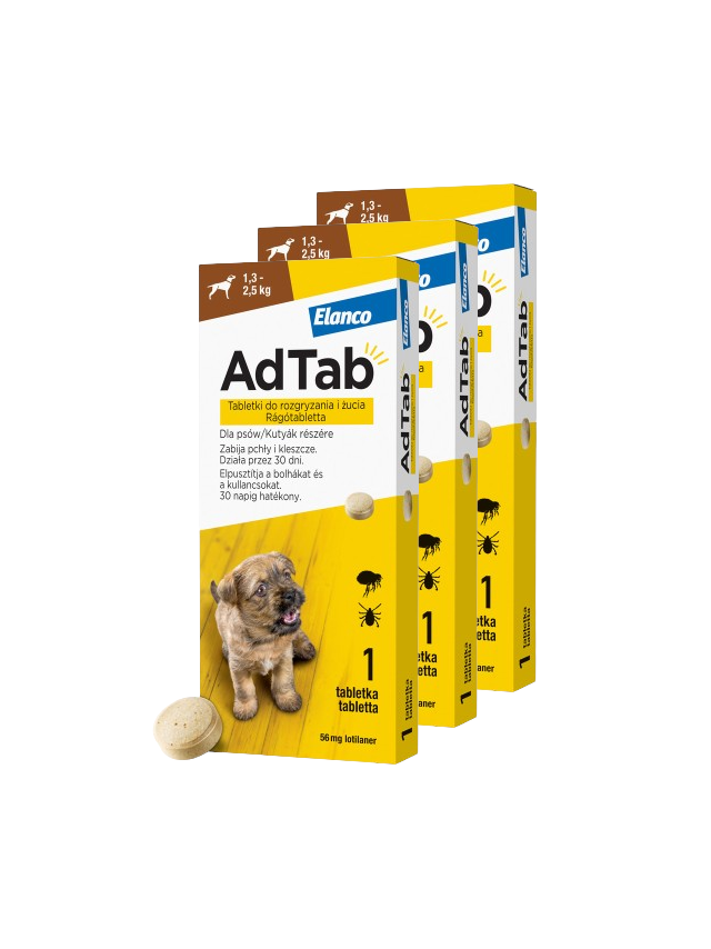 ELANCO 3xAdTab 56mg tabletki na pchły i kleszcze dla psów 1,3-2,5 kg